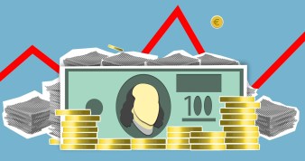 Cartoon money and coins stack in front of a rising red line graph to show price increase